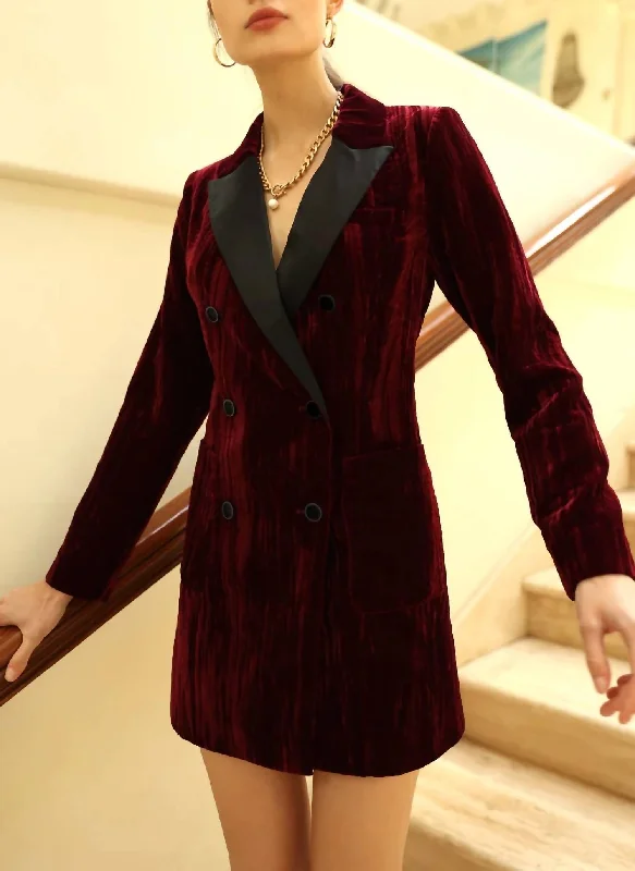 Casual Chic Clothing For Women Tania Velvet Double Breasted Blazer Dress in Bloodstone