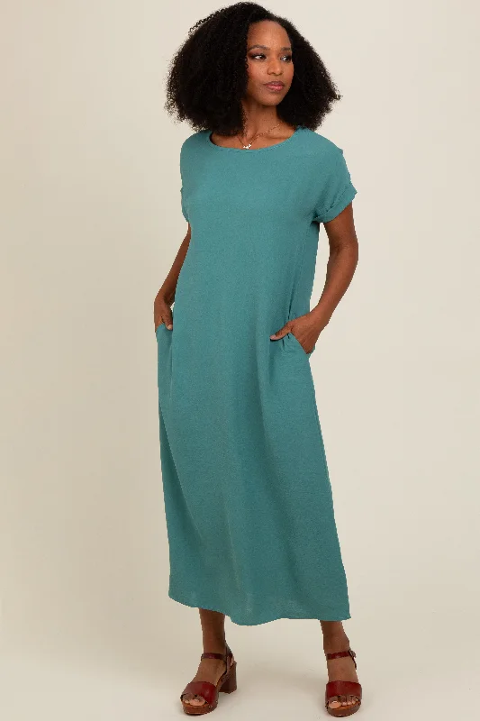 Women's Seasonal Clothes Teal Rolled Cuff Midi Dress