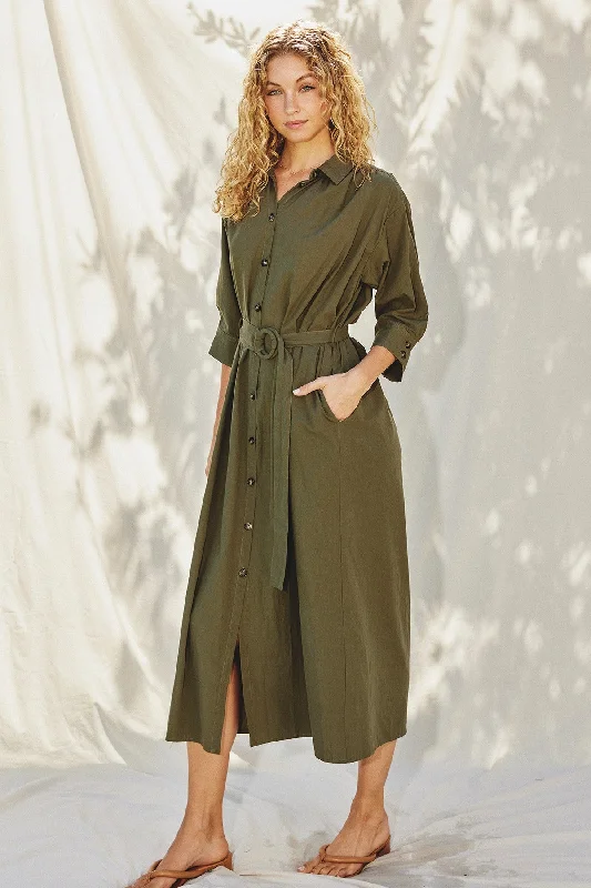 Women's Everyday Clothes Washed Olive Buckle Detail Midi Dress