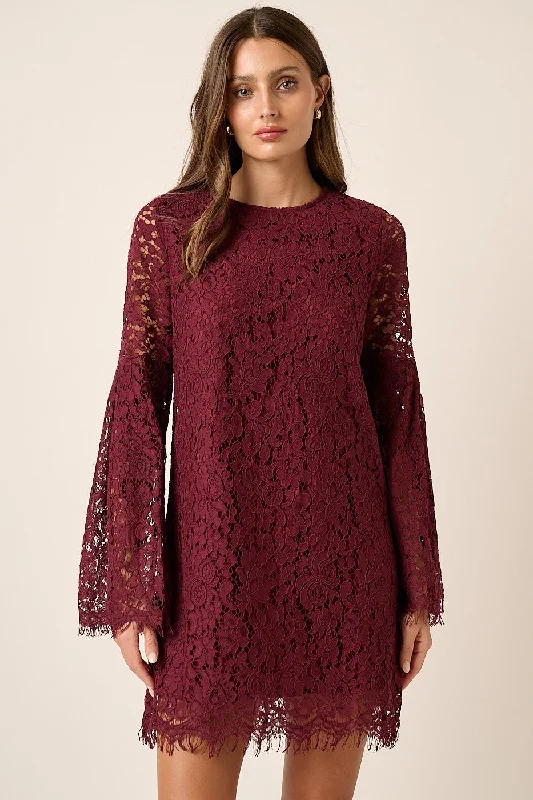 Affordable Women's Clothing Wine Eyelet Edge Lace Bell Sleeve Woven Dress