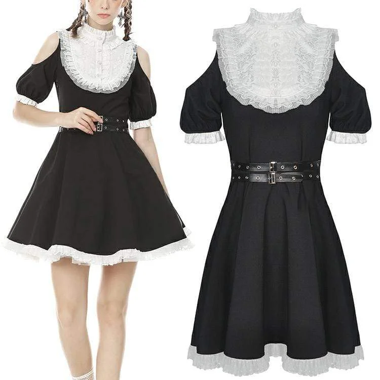 Plus-Size Women's Clothing Women's Dark Cutout Shoulder Shirt Collar Black Dress Maid Dresses with Belt