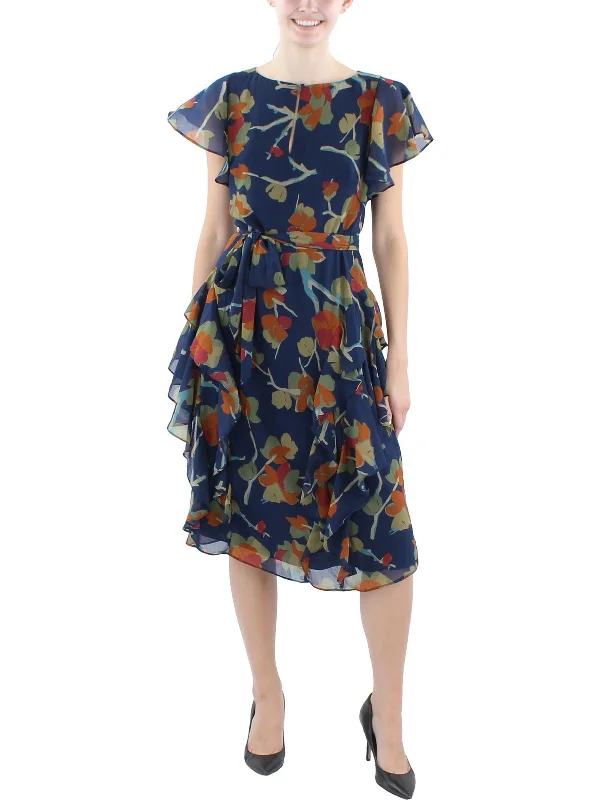 Festival Fashion Womens Floral Print Chiffon Midi Dress