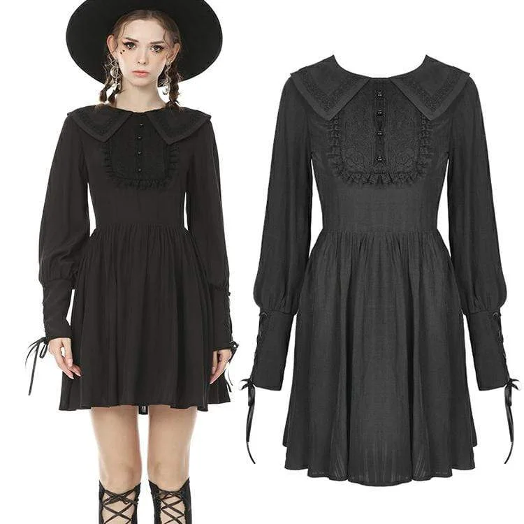 Timeless Women's Clothing Women's Goth Turn-down Collar Long Sleeved Ruffles Black Little Dresses