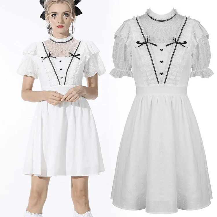 Casual Clothes For Women Women's Gothic Puff Sleeved Bowknot White Dress