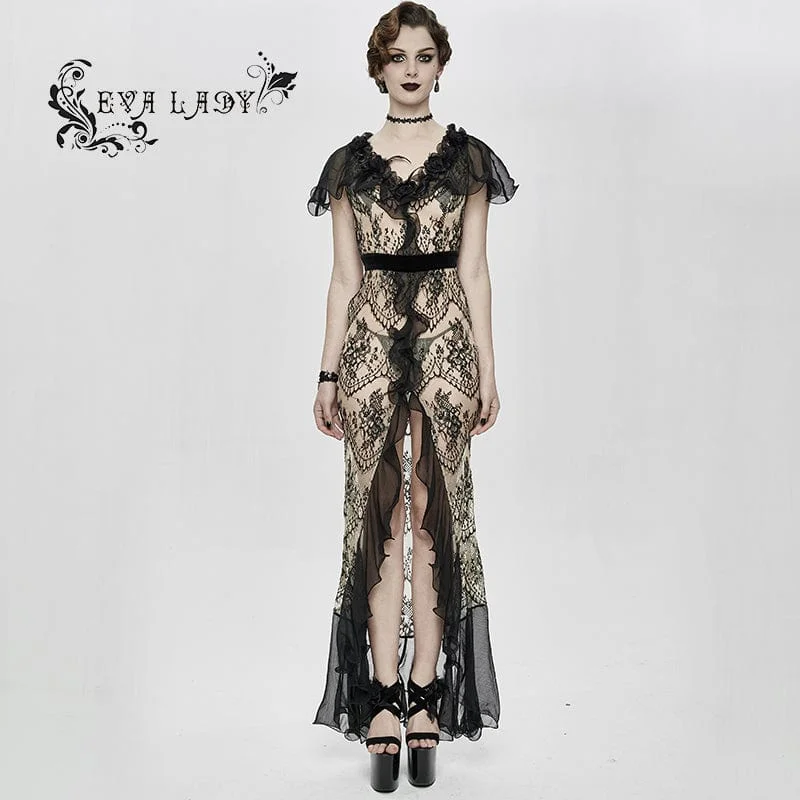 Women's Vacation Clothes Women's Gothic Turn-down Collar Sheer Floral Lace Dovetail Dress