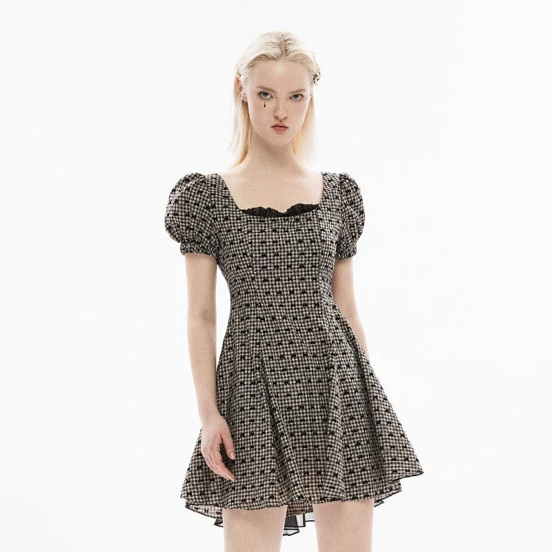 Women's Occasion Wear Clothes Women's Lolita Bowknot Plaid Puff Sleeved Dress