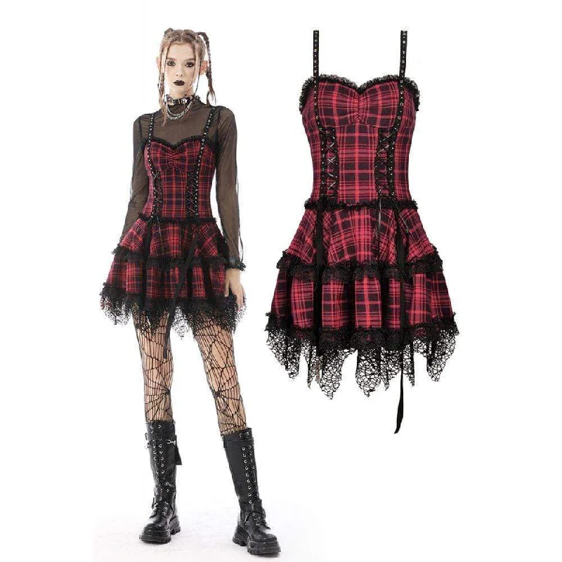 Affordable Trendy Clothes For Women Women's Punk Lace Hem Plaid Layered Slip Dress