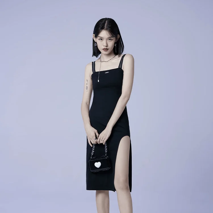 Women's Holiday Clothes Women's Punk Side Slit Black Slip Dress