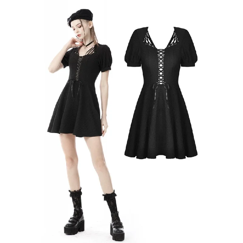 Women's Party Clothes Women's Punk Square Collar Lacing-up Black Little Dress