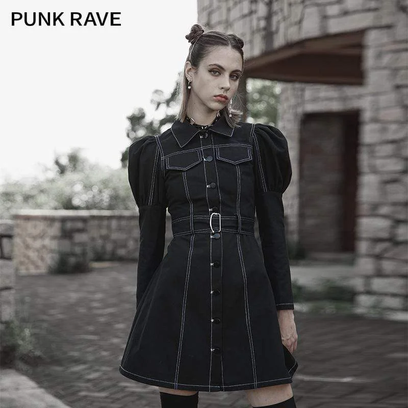 Affordable Fashion Clothing For Women Women's Punk Turn-down Collar Puff Sleeved Dress