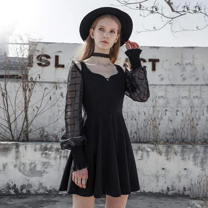 Comfortable Women's Clothes Women's Punk V-neck Puff Sleeved Chiffon Black Little Dresses