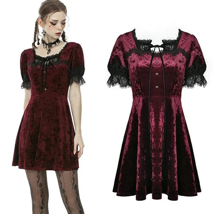 Charming Everyday Clothing For Women Women's Vintage Gothic Rose Red Velet Dresses with Lace Sleeves