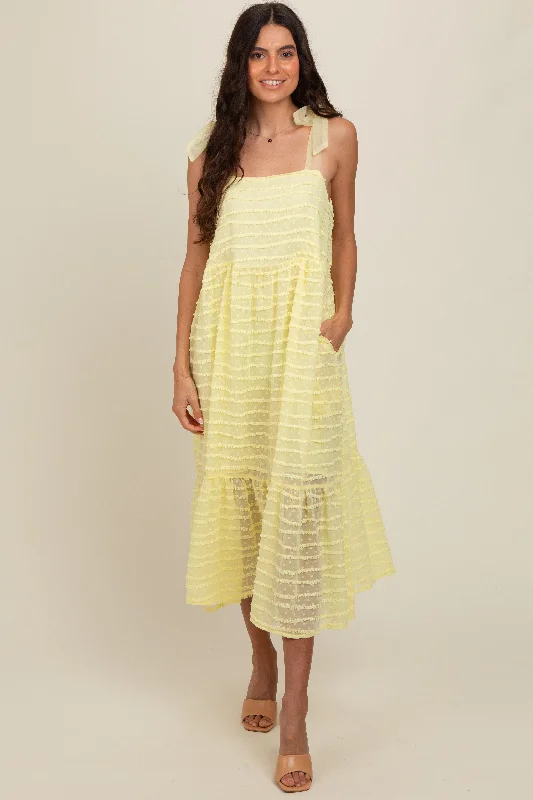 Women's Office Clothing Yellow Textured Shoulder Tie Midi Dress