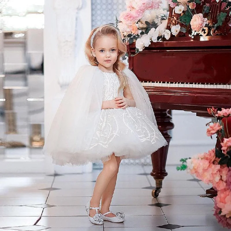 Women's Holiday Clothes Flower Girl Dress with Cape Ball Gown Baby Girl Birthday Party Dresses Glitter Lace First Communion Dress