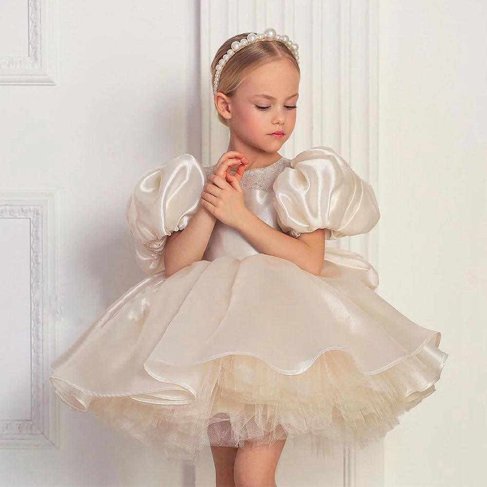 Luxury Women's Clothing Puff-Sleeve Flower Girl Dress for First Communion and Kids Party