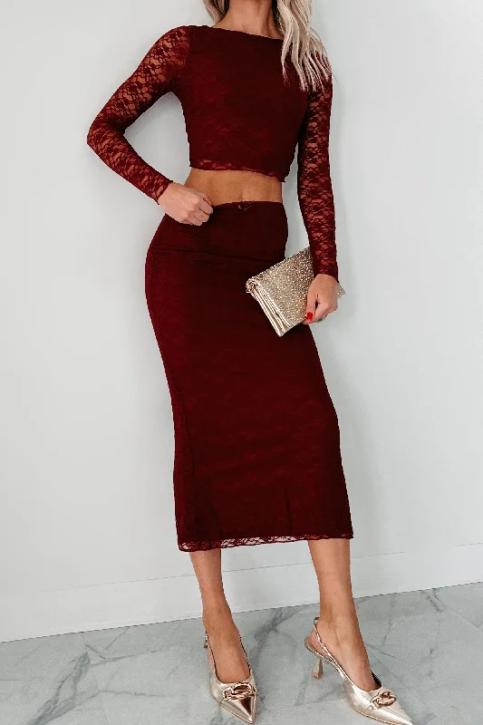 Trendy Fashion For Women Coy Cutie Lace Two-Piece Set (Burgundy)