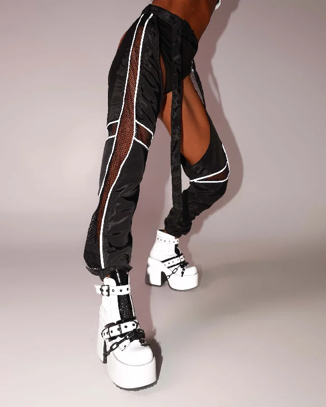 Trendy And Individual Women's Fashion Evolution Chaps with Silver Reflective Stripes & Fishnet Panels Trendy And Individual Women's Fashion Evolution Chaps with Silver Reflective Stripes & Fishnet Panels
