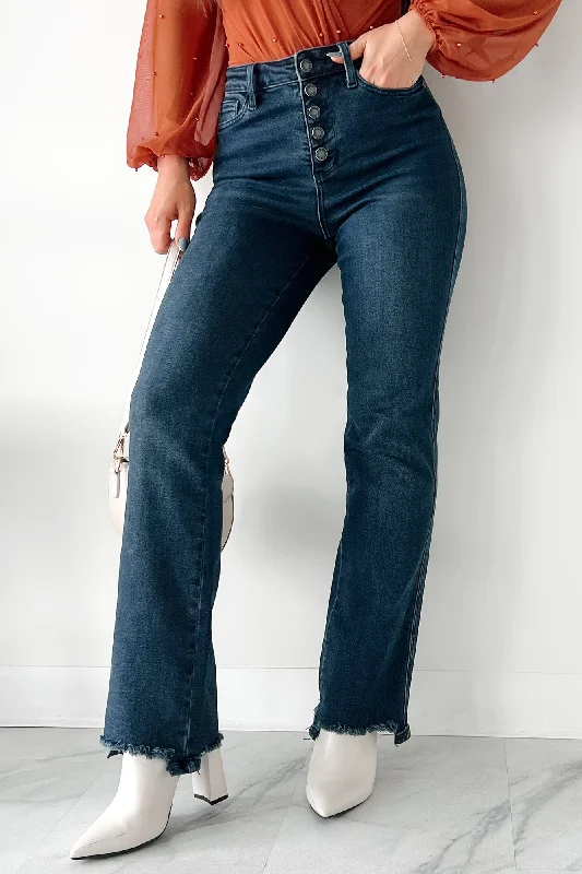 Outlet Clothing Otis Judy Blue Button Fly Distressed Hem Straight Leg Jeans (Dark)